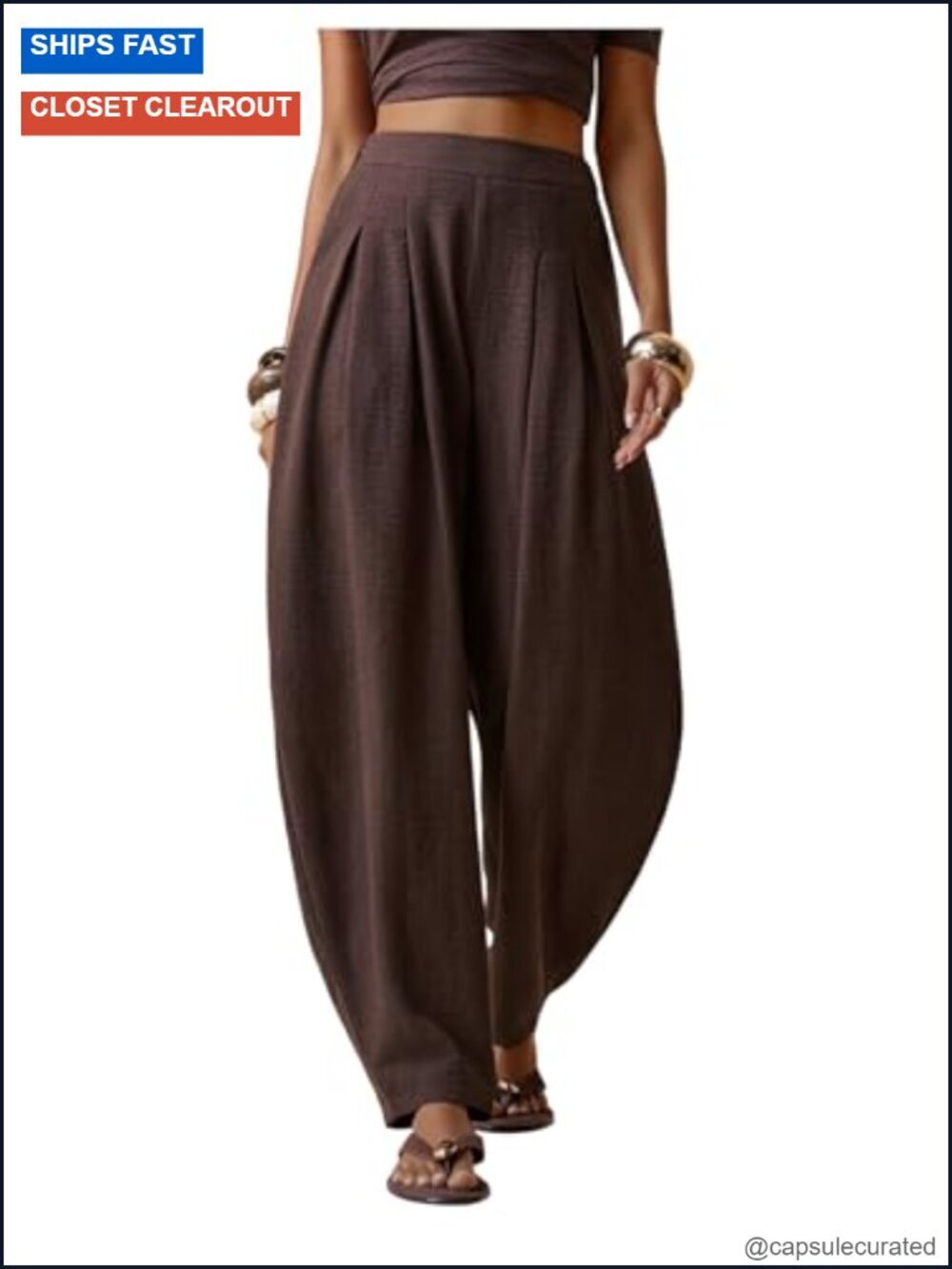 Linen Pleated Wide Leg Barrel Pants Elastic Waist Casual Baggy Trousers Pockets